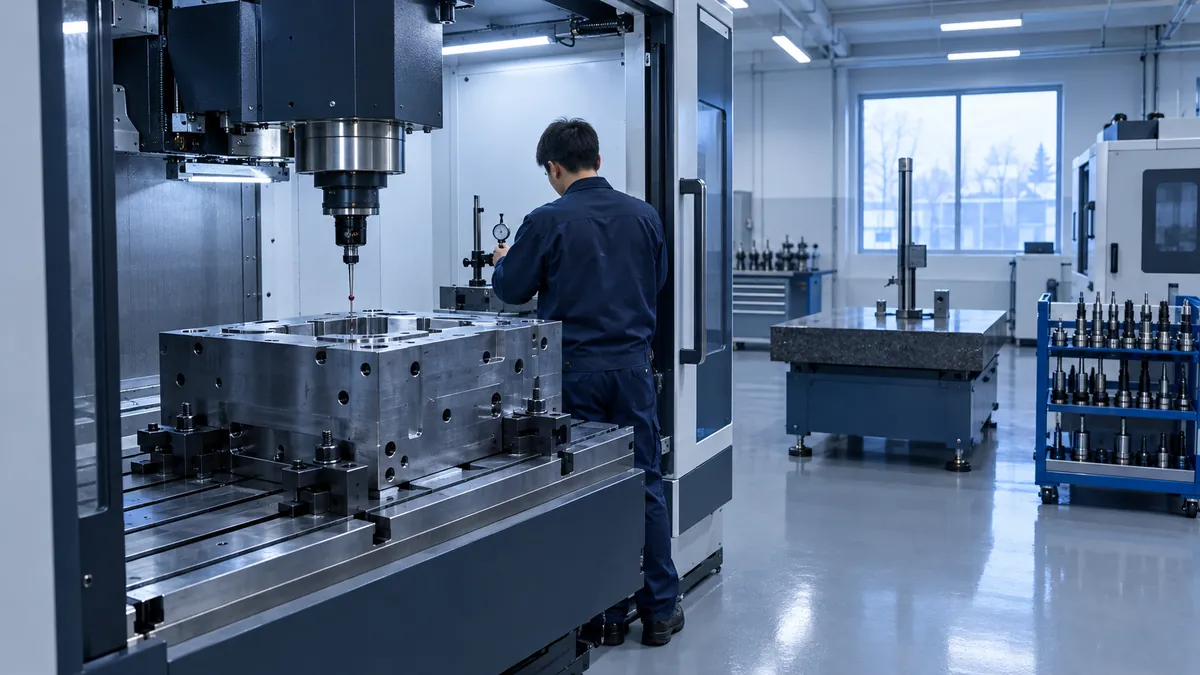 CNC machining center probing a steel mold base