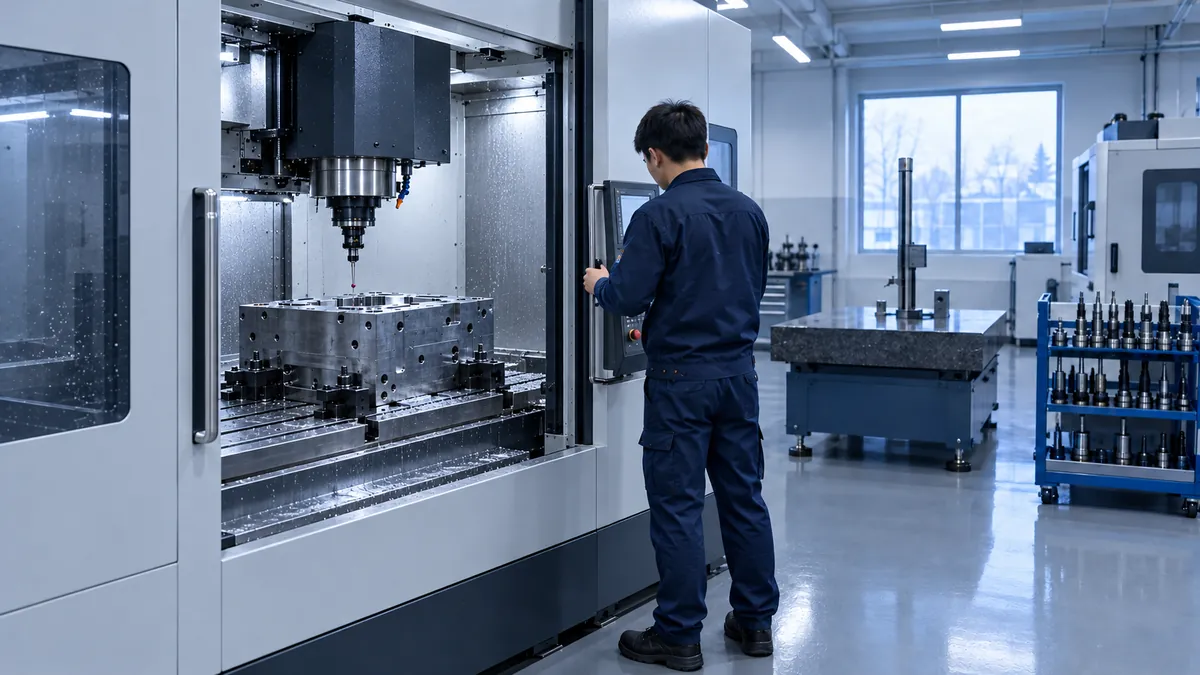 CNC machining center probing a steel mold base