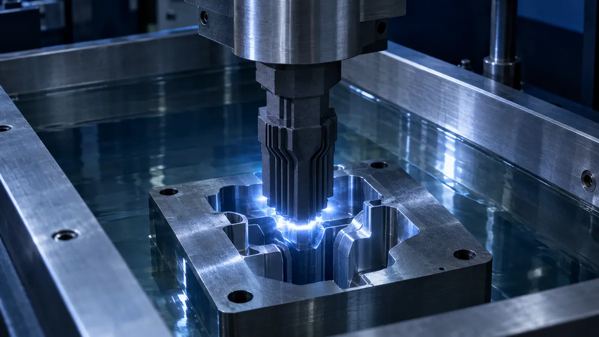 Graphite electrode burning a cavity in a sinker EDM
